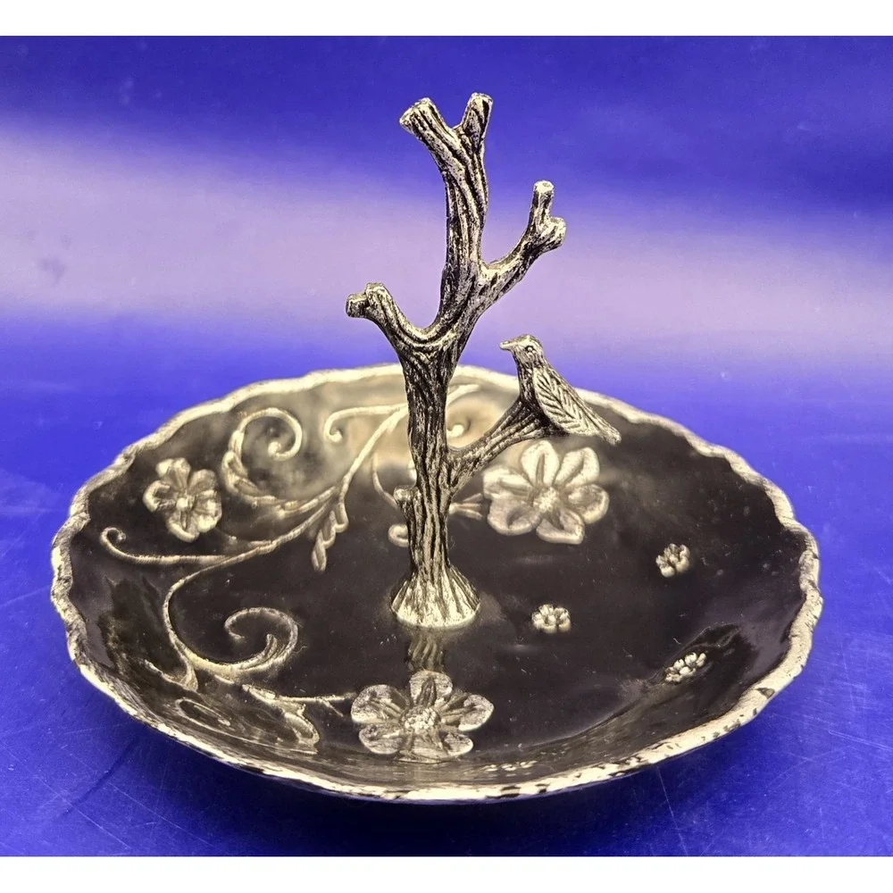 Black Enamel Dish For Rings Trinkets  By Cynthia Rawley NY With Bird On A Branch